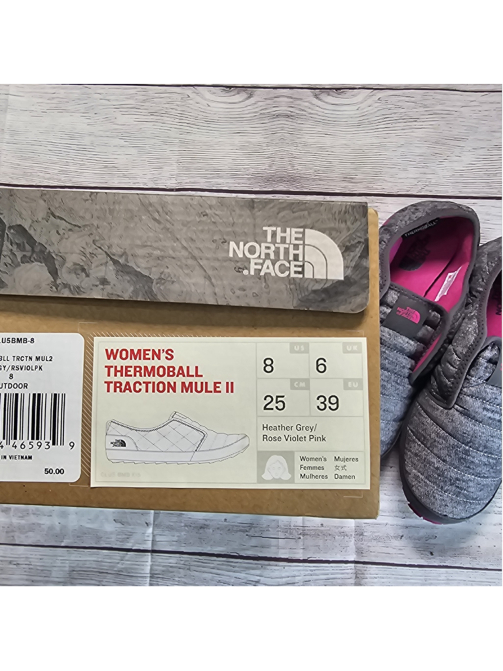 NWT North Face sz 8 Women's thermoball traction mule II, grey/pink camp slippers - Picture 2 of 7